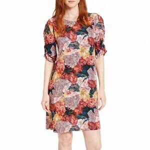 HALOGEN Floral Geometric Print Shift Dress size Small Ruched Puff Sleeves